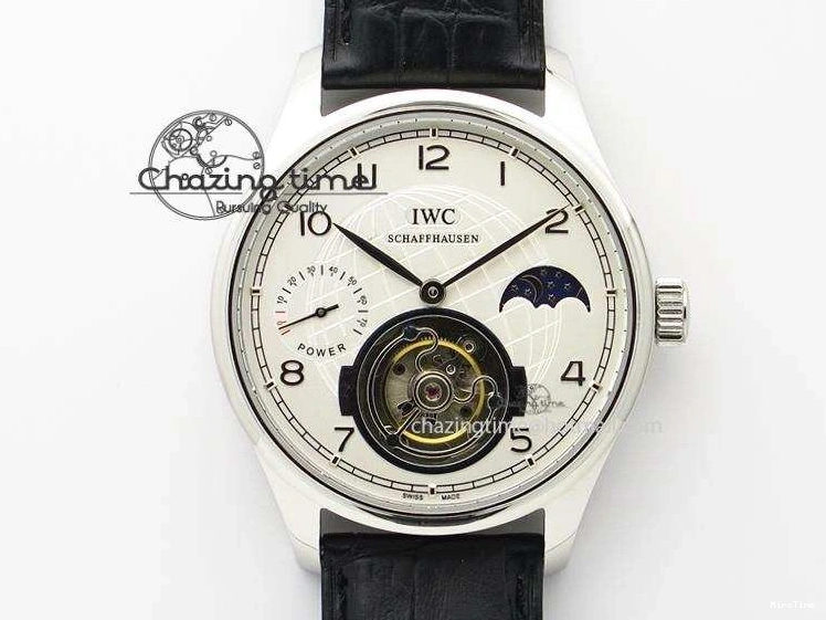 MIROTIME 0518 UrbanStyle Portuguese Tourbillon Power Reserve Moonphase SS White Dial On Black Leather Strap 7318